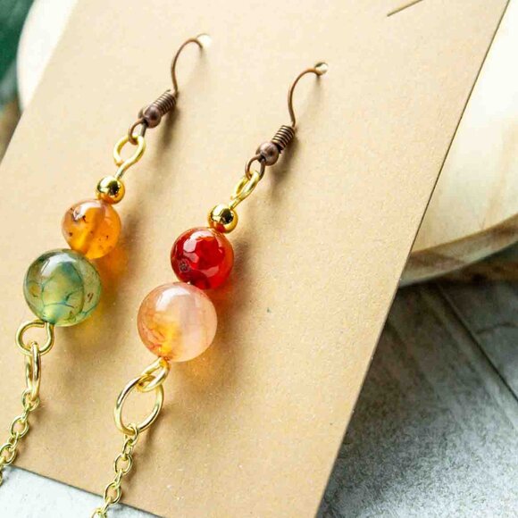 Multicolor Agate - Gold - Dangle Earrings - Picture 4 of 12